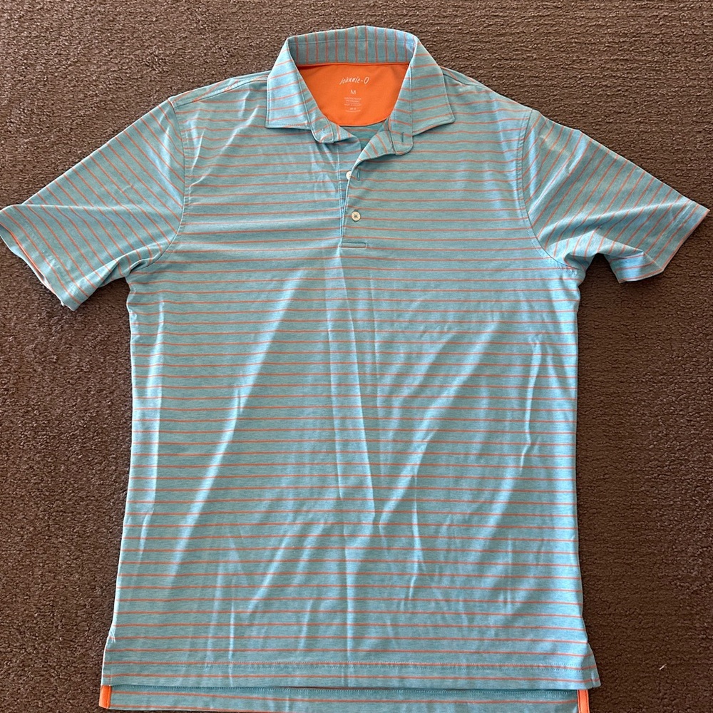 johnnie-O Light Blue and Orange Striped Polo Shirt
